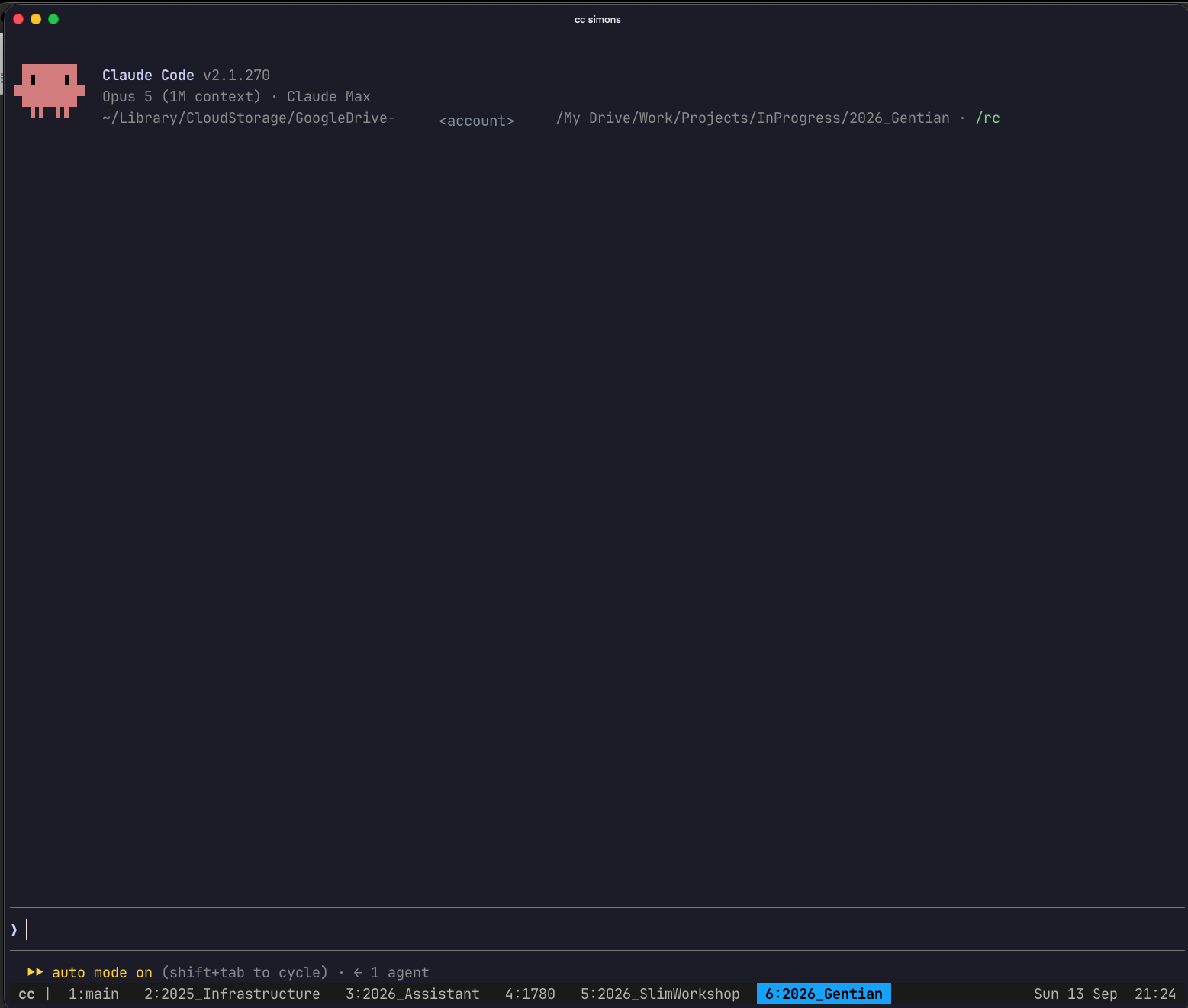 A Ghostty window running Claude Code. The tmux status bar along the bottom lists six numbered windows, one per project, with the active one highlighted.